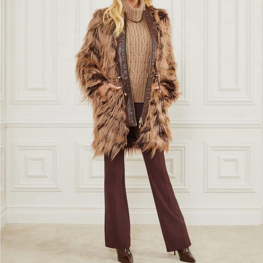 Guess by Marciano Brown Teddy Jacket Plush Faux Fur